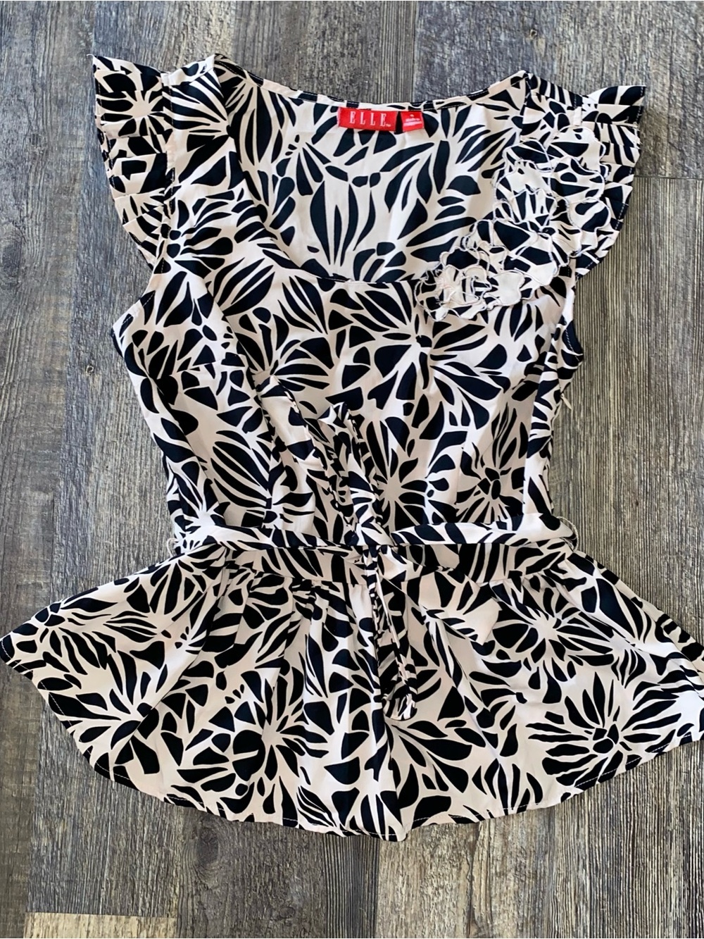 Elle Black & White Floral Peplum Tie-Waist Blouse